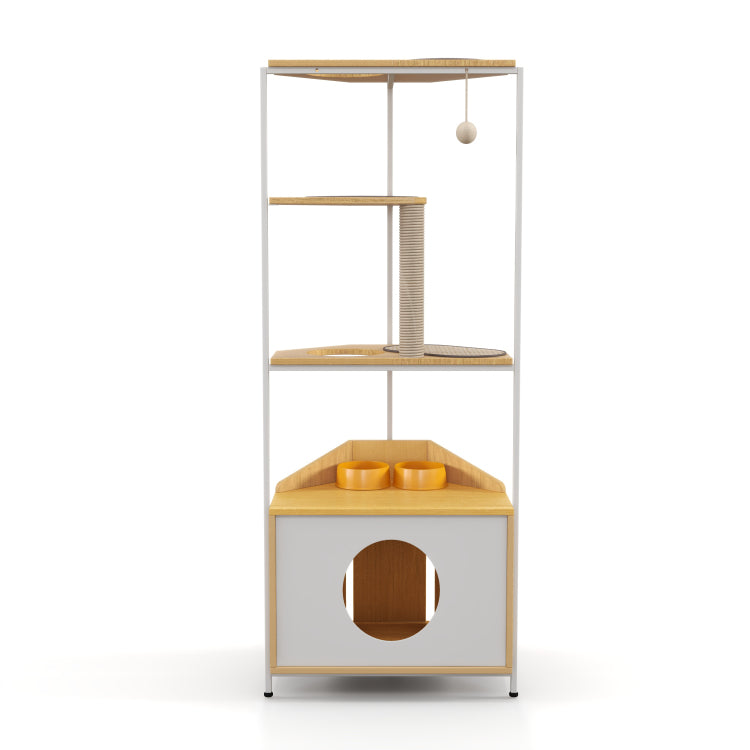 Corner Cat Tower, Cat Tree With Scratching Post, Cat Condo With Feeding Station And Climbing Platforms, Pet Furniture For Indoor Cats