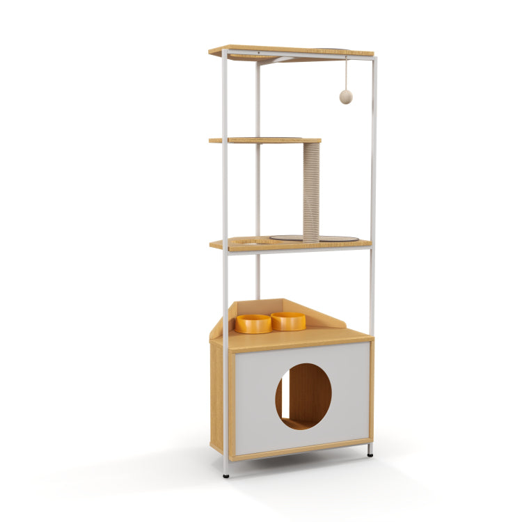 Corner Cat Tower, Cat Tree With Scratching Post, Cat Condo With Feeding Station And Climbing Platforms, Pet Furniture For Indoor Cats