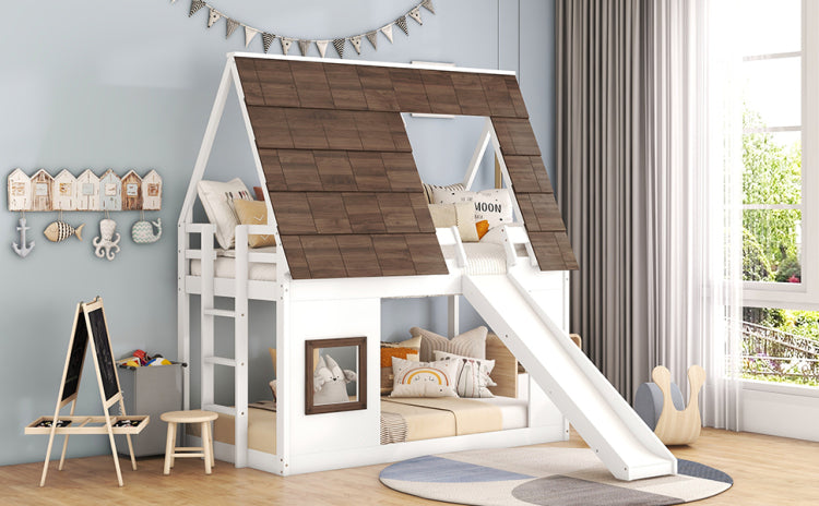 Wood Twin Size House Bunk Bed With Roof, Ladder And Slide, White Brown