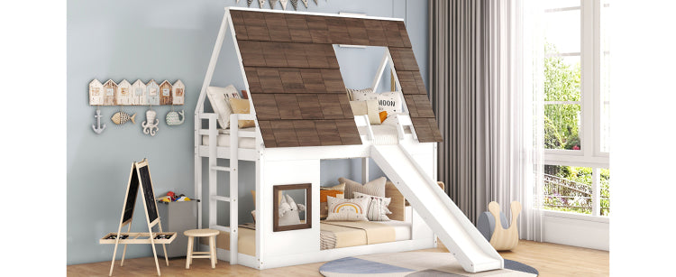 Wood Twin Size House Bunk Bed With Roof, Ladder And Slide, White Brown
