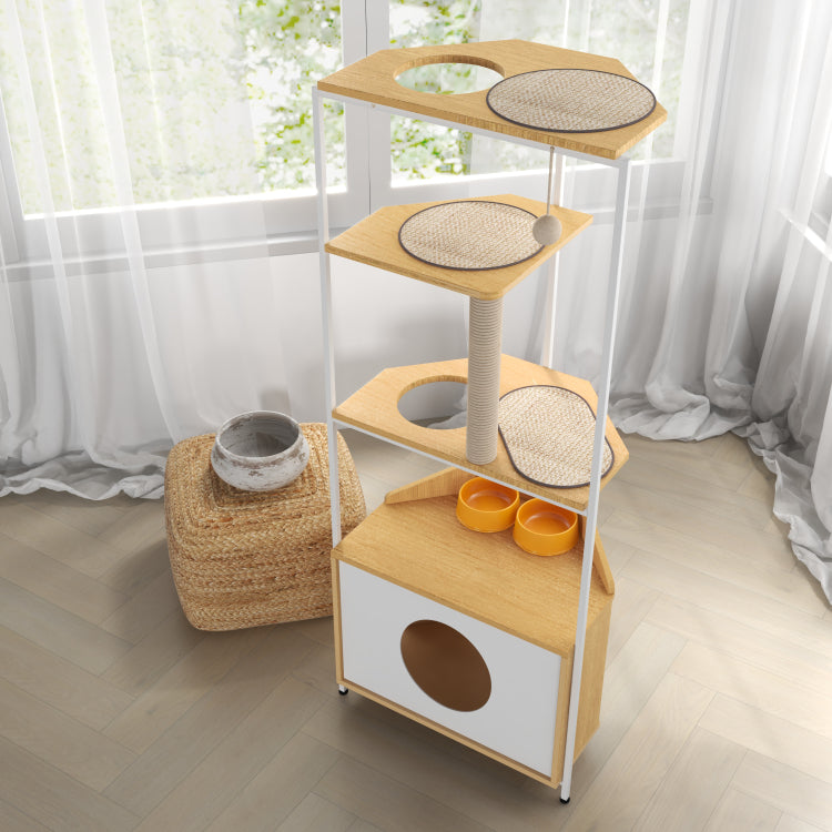 Corner Cat Tower, Cat Tree With Scratching Post, Cat Condo With Feeding Station And Climbing Platforms, Pet Furniture For Indoor Cats