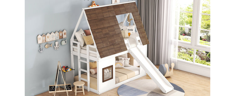 Wood Twin Size House Bunk Bed With Roof, Ladder And Slide, White Brown