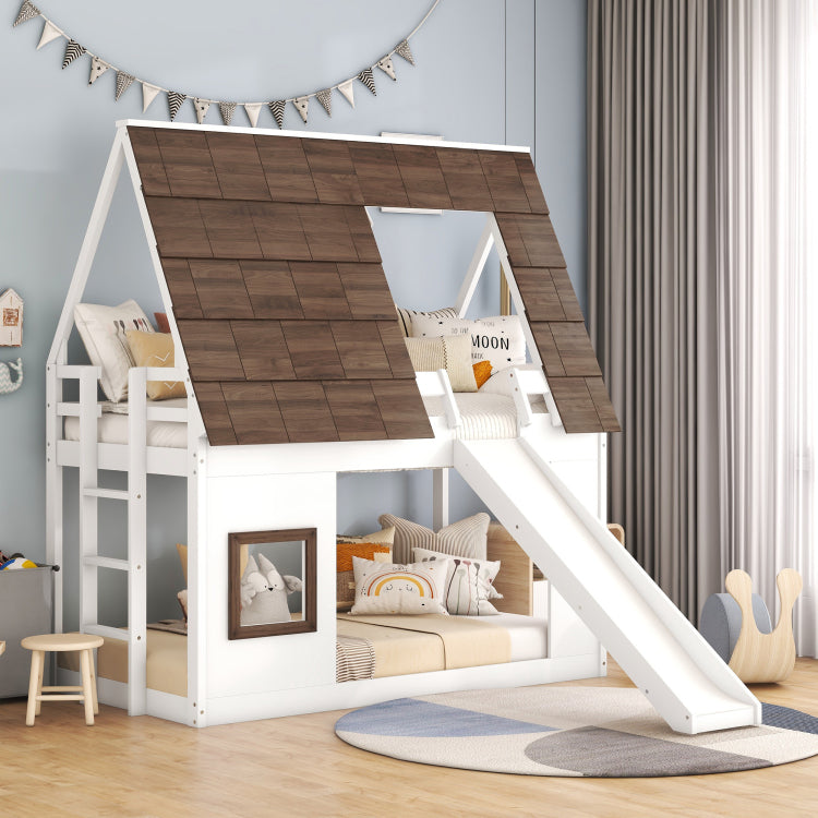 Wood Twin Size House Bunk Bed With Roof, Ladder And Slide, White Brown