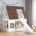 Wood Twin Size House Bunk Bed With Roof, Ladder And Slide, White Brown