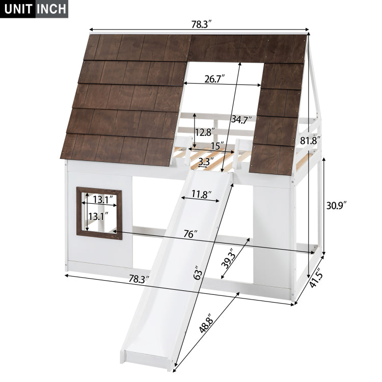 Wood Twin Size House Bunk Bed With Roof, Ladder And Slide, White Brown