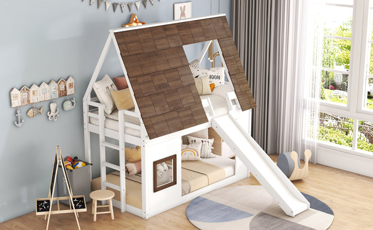 Wood Twin Size House Bunk Bed With Roof, Ladder And Slide, White Brown