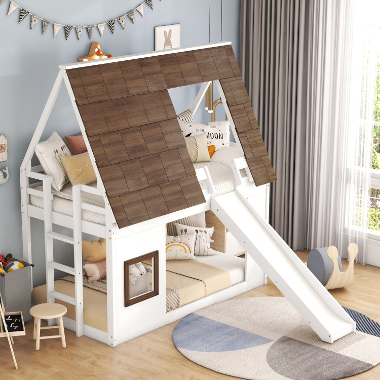 Wood Twin Size House Bunk Bed With Roof, Ladder And Slide, White Brown