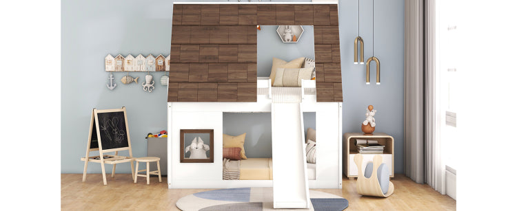 Wood Twin Size House Bunk Bed With Roof, Ladder And Slide, White Brown