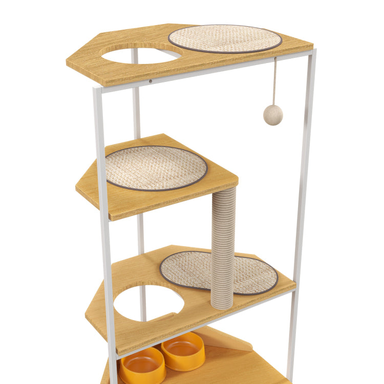 Corner Cat Tower, Cat Tree With Scratching Post, Cat Condo With Feeding Station And Climbing Platforms, Pet Furniture For Indoor Cats