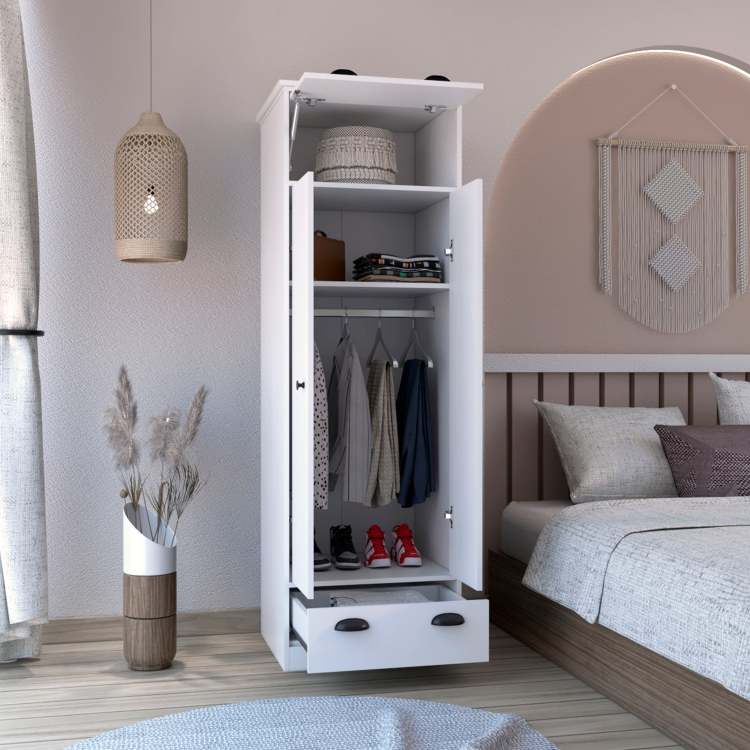 Dresser Closet With Upper Storage Covered With 1 Door, 2 Central Shelves, 1 Tube For Hanging Clothes Covered By 2 Doors, 1 Drawer At The Bottom, White