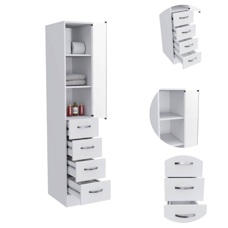 Linen Cabinet 68" H, Three Shelves, Four Drawers And Metal Handles, White