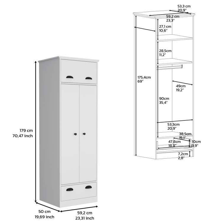 Dresser Closet With Upper Storage Covered With 1 Door, 2 Central Shelves, 1 Tube For Hanging Clothes Covered By 2 Doors, 1 Drawer At The Bottom, White
