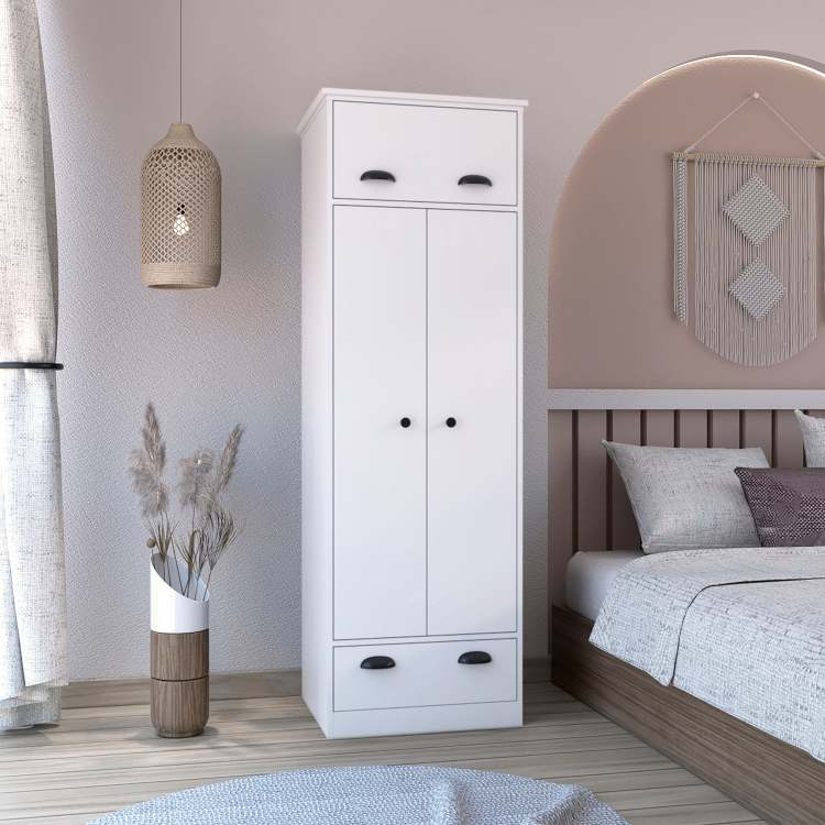 Dresser Closet With Upper Storage Covered With 1 Door, 2 Central Shelves, 1 Tube For Hanging Clothes Covered By 2 Doors, 1 Drawer At The Bottom, White