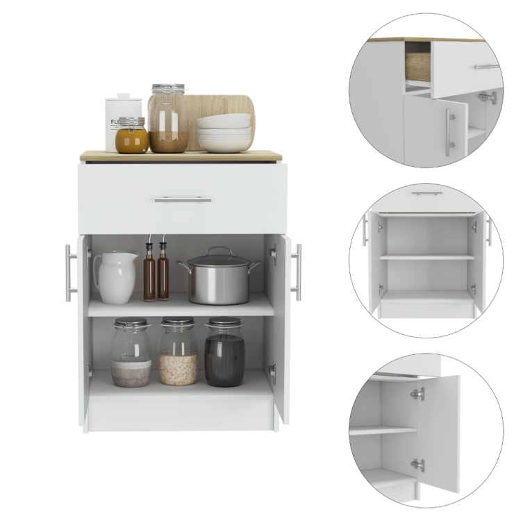 Pantry Organizer Cabinet 33" H, One Drawer, Two Interior Shelves, Two Doors, White Light Oak