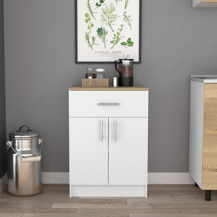 Pantry Organizer Cabinet 33" H, One Drawer, Two Interior Shelves, Two Doors, White Light Oak