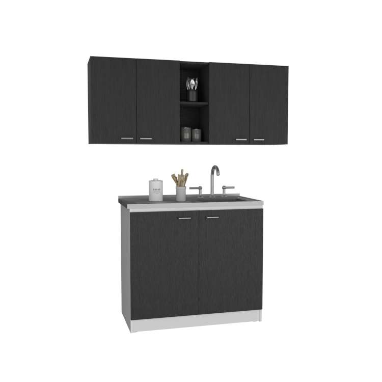 2 Piece Kitchen Set, Olimpo 150 Wall Cabinet Salento Utility Sink With Cabinet, Black White