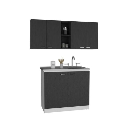 2 Piece Kitchen Set, Olimpo 150 Wall Cabinet Salento Utility Sink With Cabinet, Black White