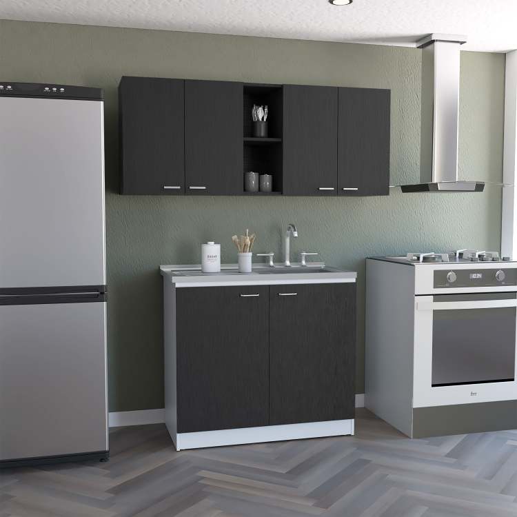 2 Piece Kitchen Set, Olimpo 150 Wall Cabinet Salento Utility Sink With Cabinet, Black White