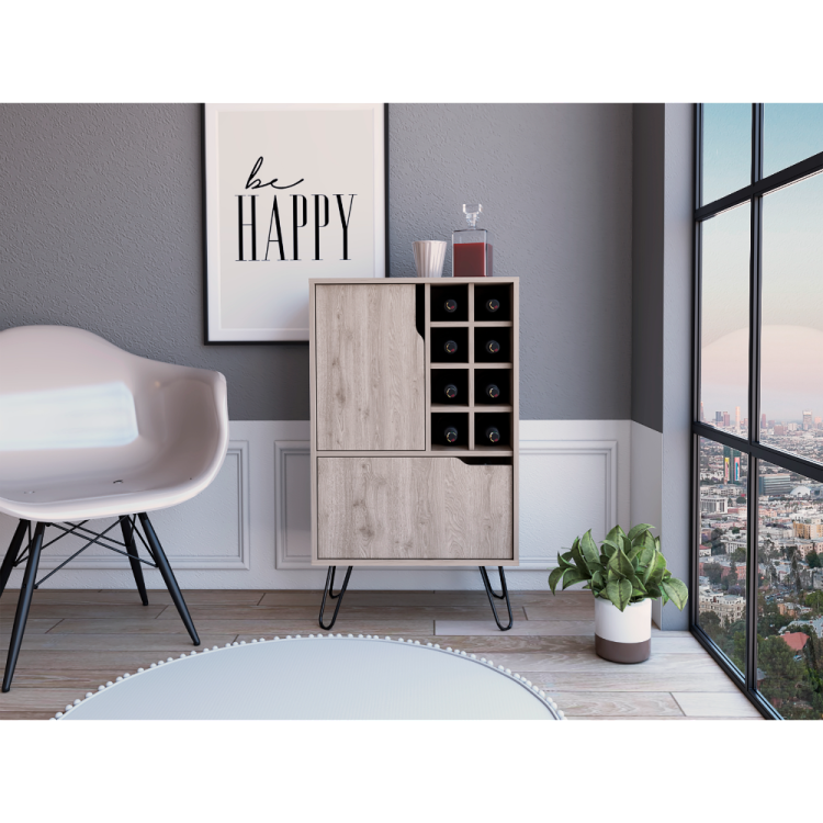 L Bar Single Door Cabinet, Eight Built In Wine Rack, Four Legs, Light Gray
