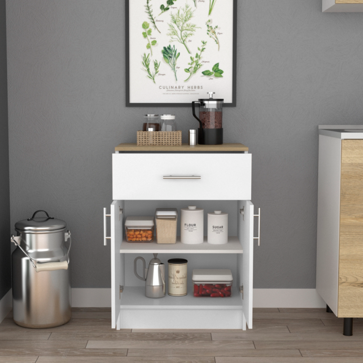 Pantry Organizer Cabinet 33" H, One Drawer, Two Interior Shelves, Two Doors, White Light Oak