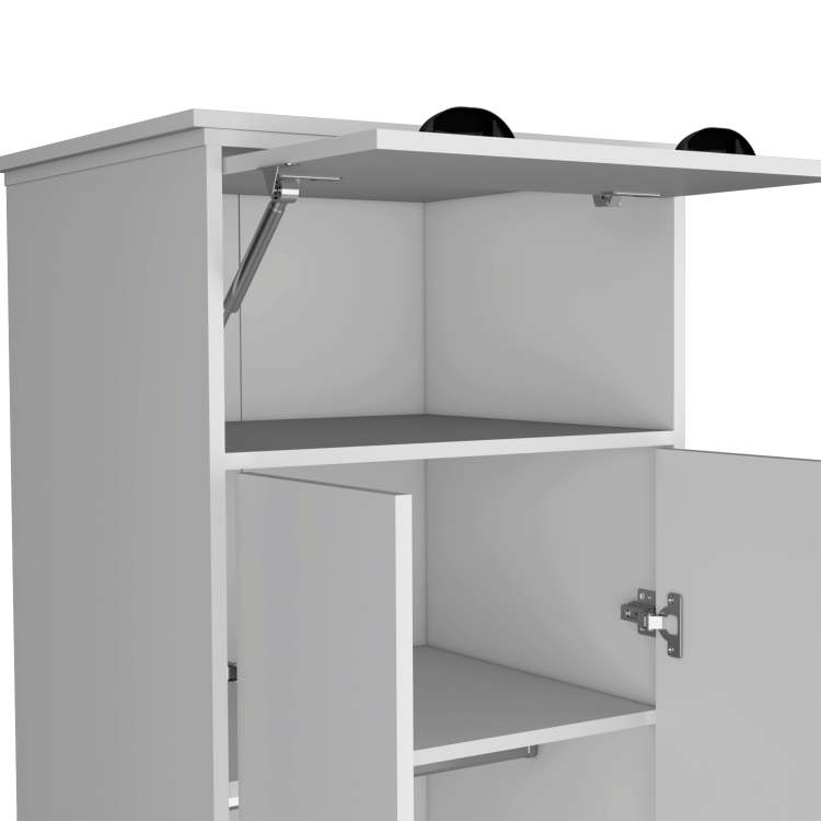 Dresser Closet With Upper Storage Covered With 1 Door, 2 Central Shelves, 1 Tube For Hanging Clothes Covered By 2 Doors, 1 Drawer At The Bottom, White
