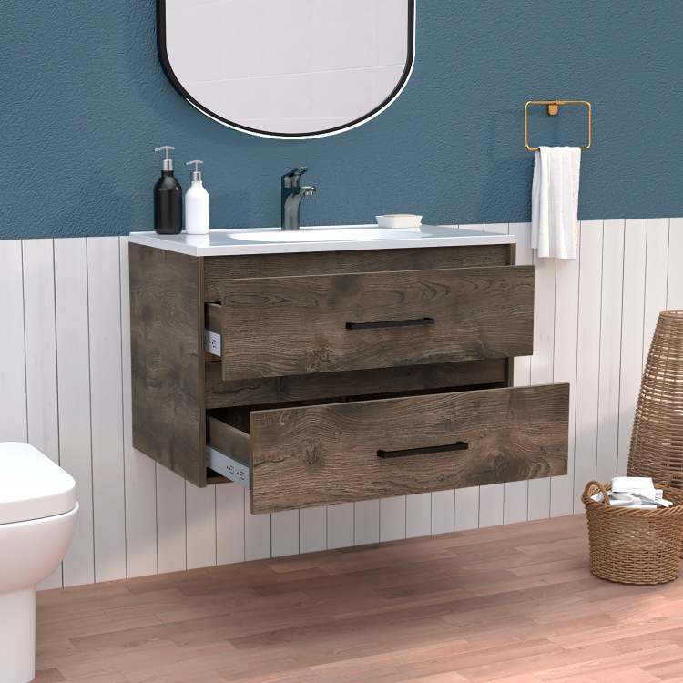 Floating Vanity Bathroom 20.4H" With 2 Drawer Organizers, Dark Brown White