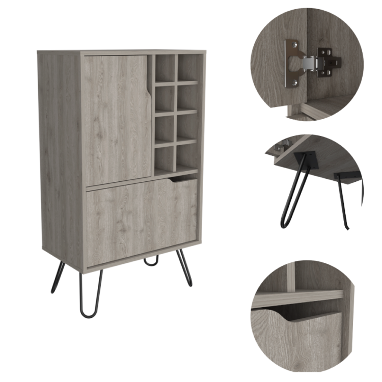 L Bar Single Door Cabinet, Eight Built In Wine Rack, Four Legs, Light Gray