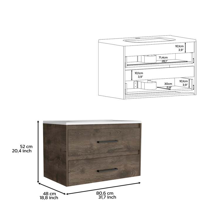 Floating Vanity Bathroom 20.4H" With 2 Drawer Organizers, Dark Brown White
