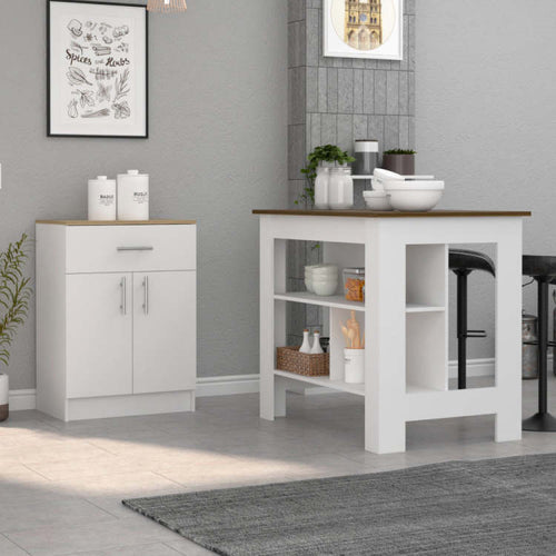 2 Piece Kitchen Set, Delos Kitchen Island Barbados Pantry Cabinet , White Walnut Light Oak