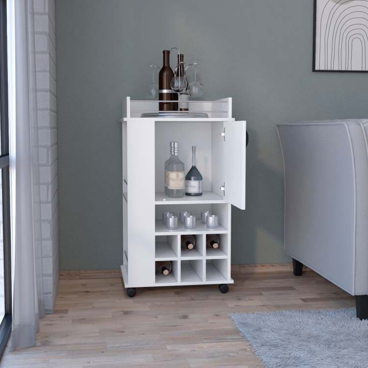 Bar Cart With 6 Built In Wine Rack And Casters, White