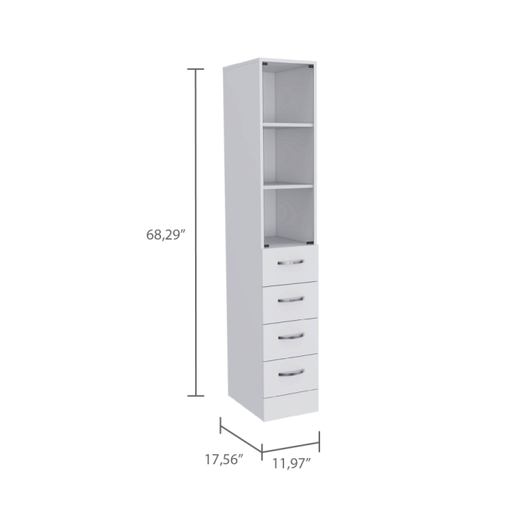 Linen Cabinet 68" H, Three Shelves, Four Drawers And Metal Handles, White