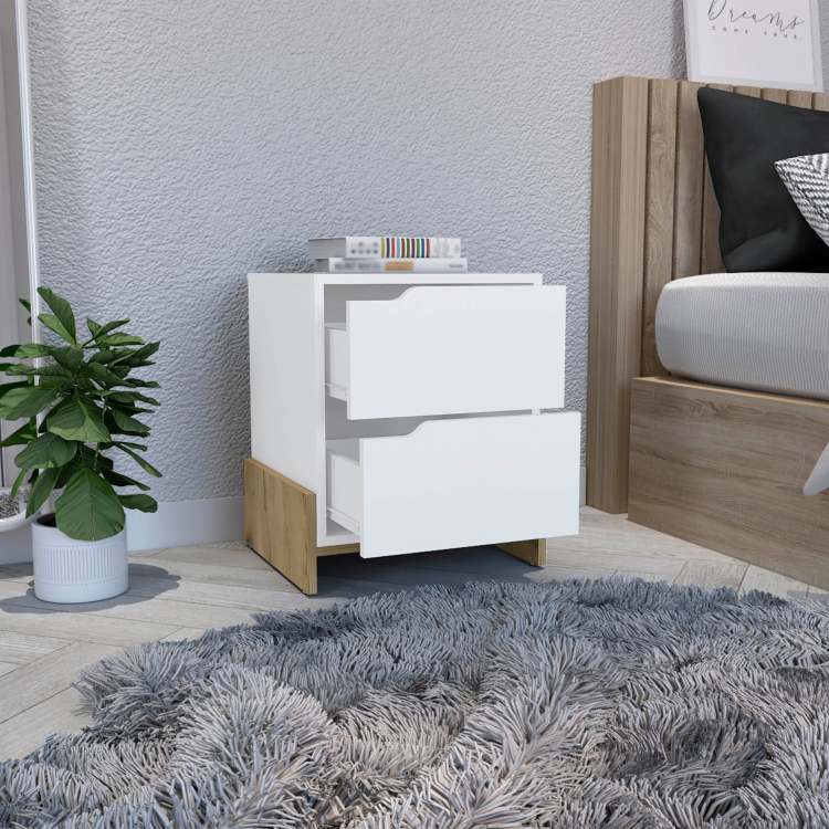 Nightstand With 2 Drawers, End Table With Sturdy Base, White Macadamia