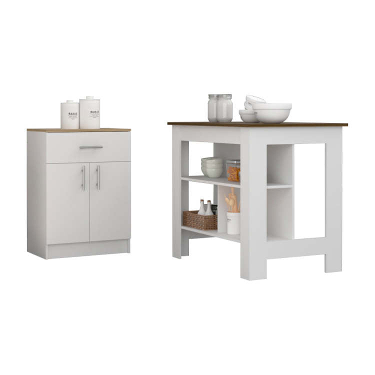 2 Piece Kitchen Set, Delos Kitchen Island Barbados Pantry Cabinet , White Walnut Light Oak