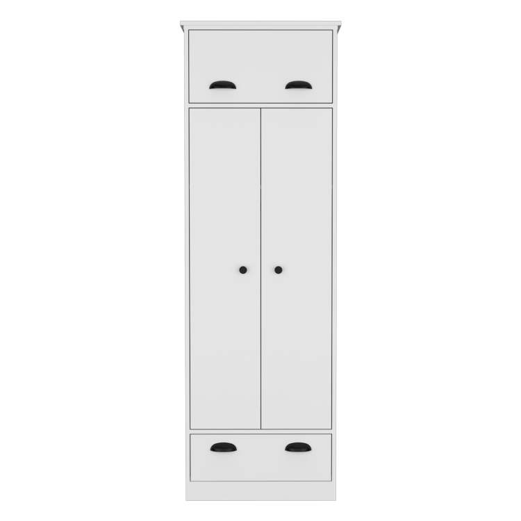 Dresser Closet With Upper Storage Covered With 1 Door, 2 Central Shelves, 1 Tube For Hanging Clothes Covered By 2 Doors, 1 Drawer At The Bottom, White