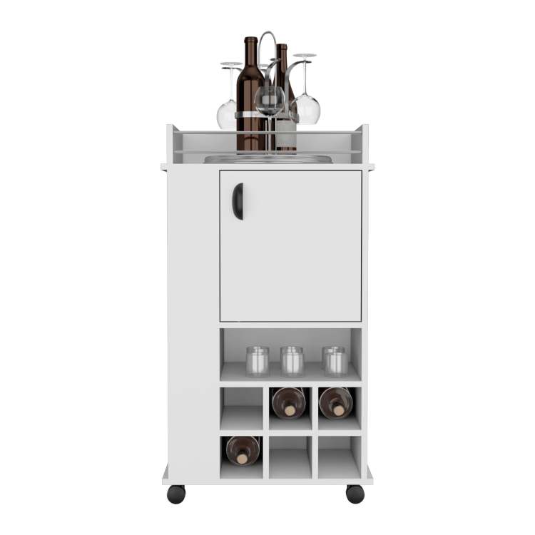 Bar Cart With 6 Built In Wine Rack And Casters, White