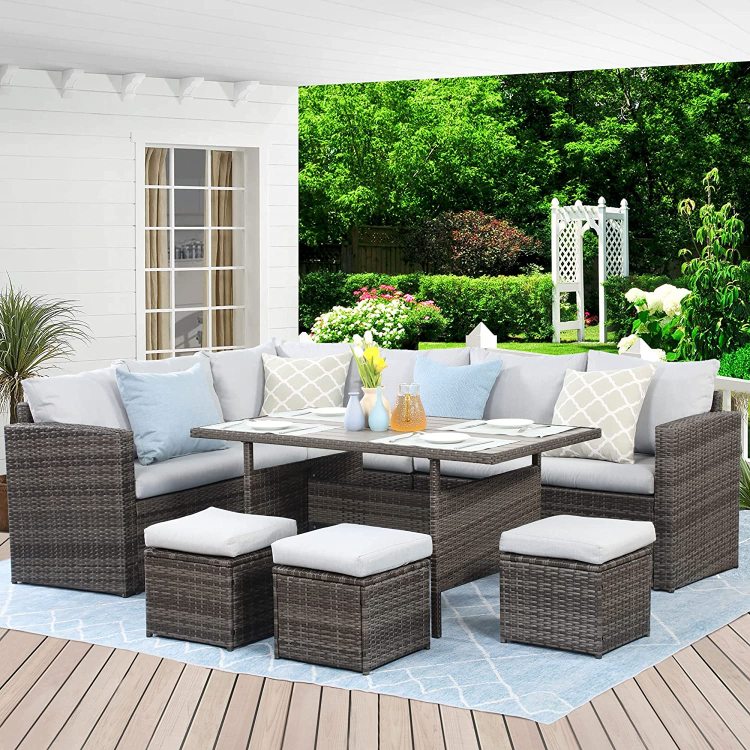 7 Pieces Pe Rattan Wicker Patio Dining Sectional Cusions Sofa Set With Grey Cushions