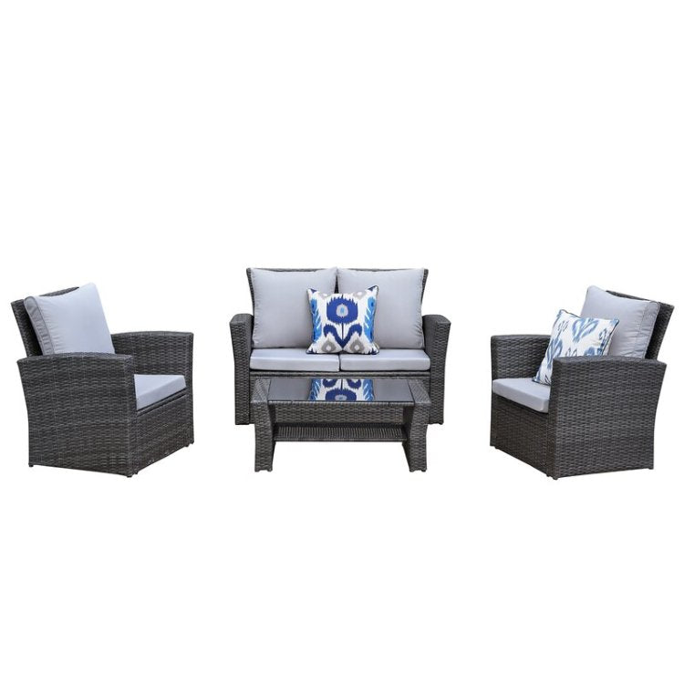 4 Pieces Pe Rattan Wicker Outdoor Patio Furniture Set With Grey Cushions