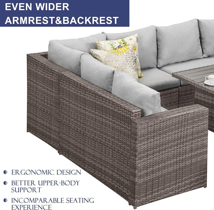 7 Pieces Pe Rattan Wicker Patio Dining Sectional Cusions Sofa Set With Grey Cushions