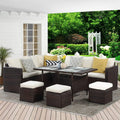 7 Pieces Pe Rattan Wicker Patio Dining Sectional Cusions Sofa Set With Ivory Cushions