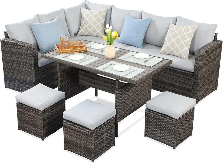 7 Pieces Pe Rattan Wicker Patio Dining Sectional Cusions Sofa Set With Grey Cushions