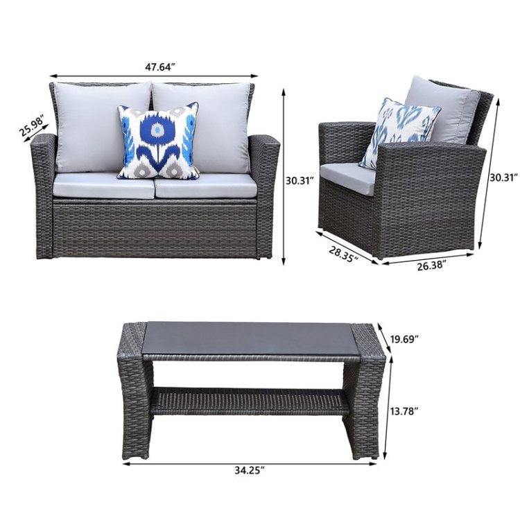 4 Pieces Pe Rattan Wicker Outdoor Patio Furniture Set With Grey Cushions