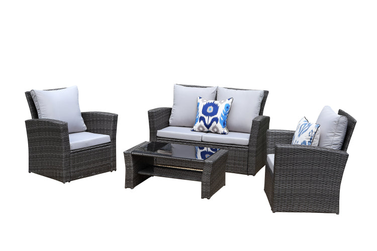 4 Pieces Pe Rattan Wicker Outdoor Patio Furniture Set With Grey Cushions