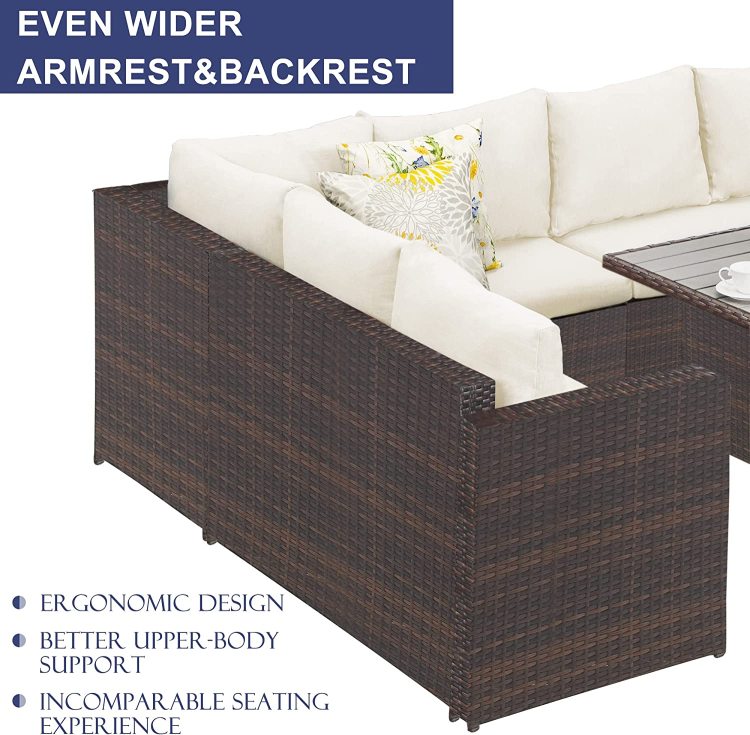 7 Pieces Pe Rattan Wicker Patio Dining Sectional Cusions Sofa Set With Ivory Cushions