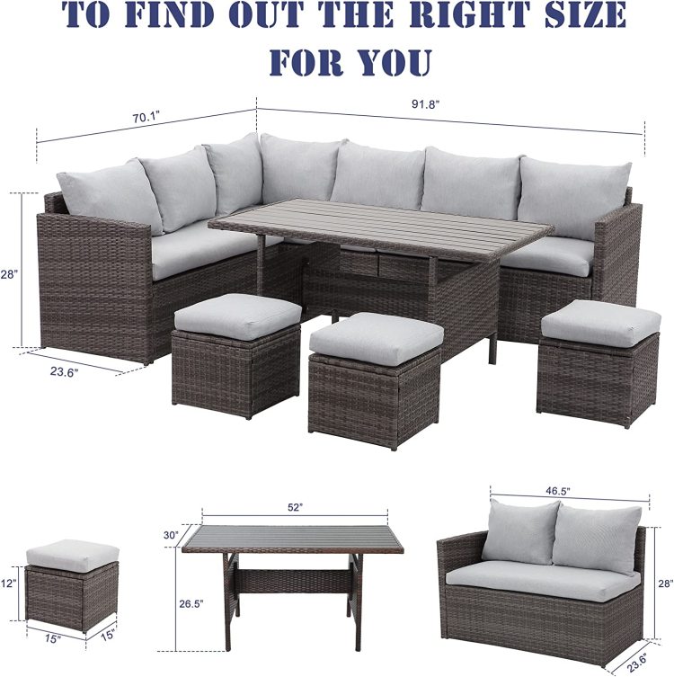 7 Pieces Pe Rattan Wicker Patio Dining Sectional Cusions Sofa Set With Grey Cushions