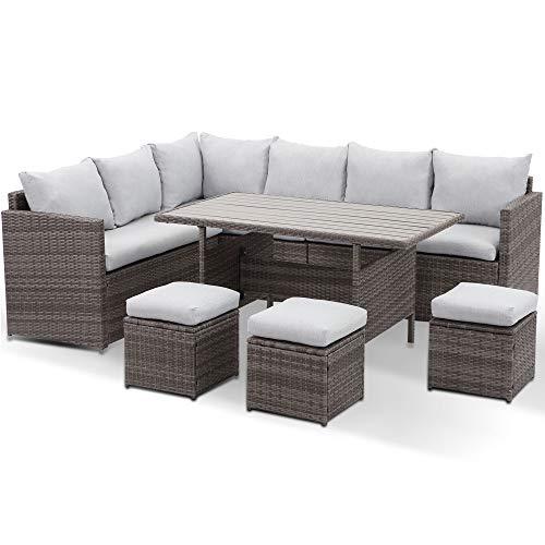 7 Pieces Pe Rattan Wicker Patio Dining Sectional Cusions Sofa Set With Grey Cushions
