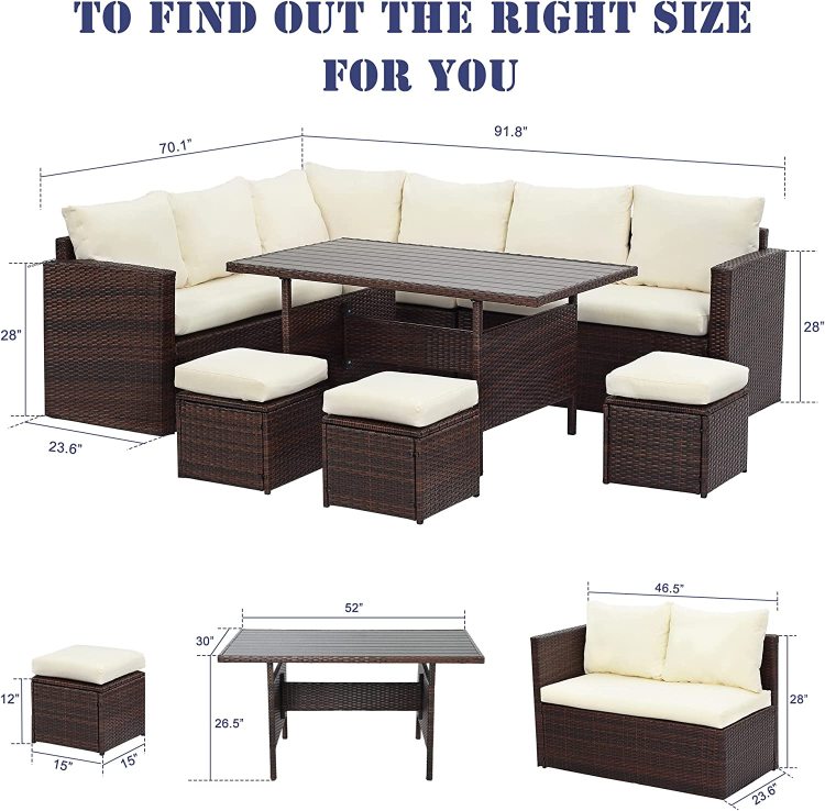 7 Pieces Pe Rattan Wicker Patio Dining Sectional Cusions Sofa Set With Ivory Cushions