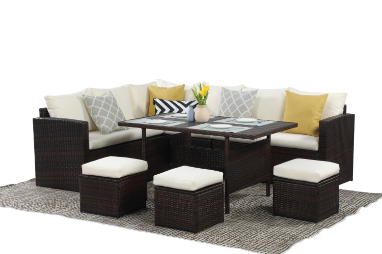 7 Pieces Pe Rattan Wicker Patio Dining Sectional Cusions Sofa Set With Ivory Cushions