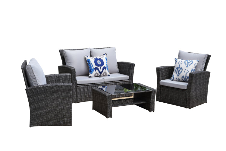 4 Pieces Pe Rattan Wicker Outdoor Patio Furniture Set With Grey Cushions