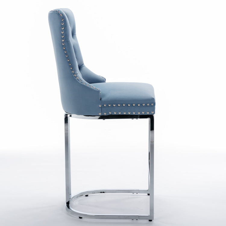 26" Counter Height Bar Stools Set Of 2, Modern Velvet Barstools With Button Back&Rivet Trim Upholstered Kitchen Island Chairs With Sturdy Chromed Metal Base Legs Farmhouse Bar Stools,Light Blue,2