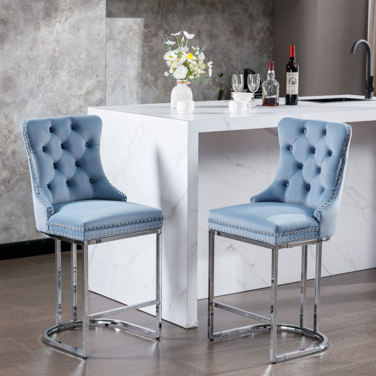 26" Counter Height Bar Stools Set Of 2, Modern Velvet Barstools With Button Back&Rivet Trim Upholstered Kitchen Island Chairs With Sturdy Chromed Metal Base Legs Farmhouse Bar Stools,Light Blue,2